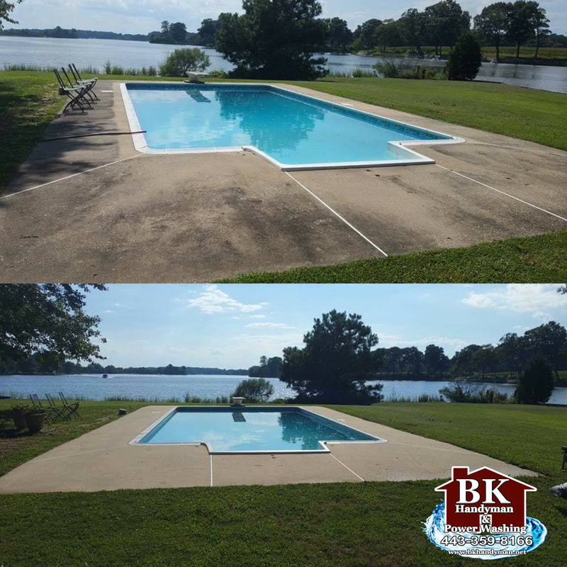 Pool area concrete power washing in Stevensville 